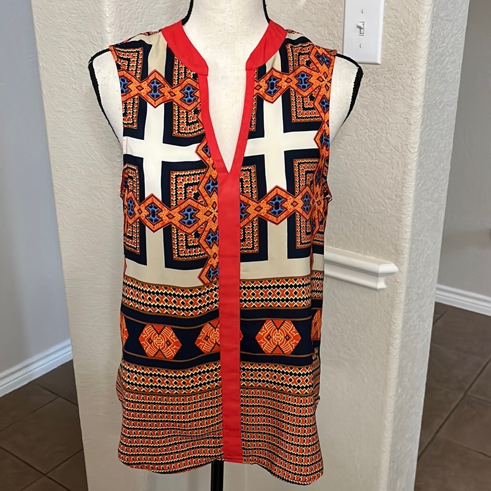 Dina Be orange and navy blue geometric print top Size M
